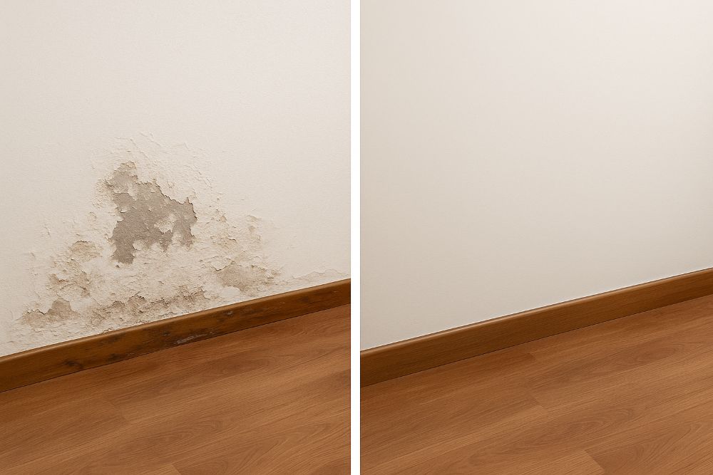 Humedad por capilaridad en planta baja. Imagen del antes y después